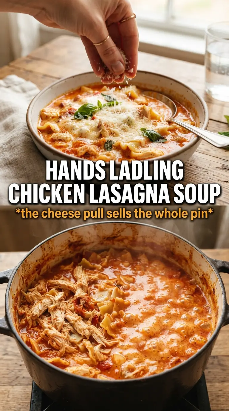Chicken Lasagna Soup golden tomato broth, cheesy, hearty