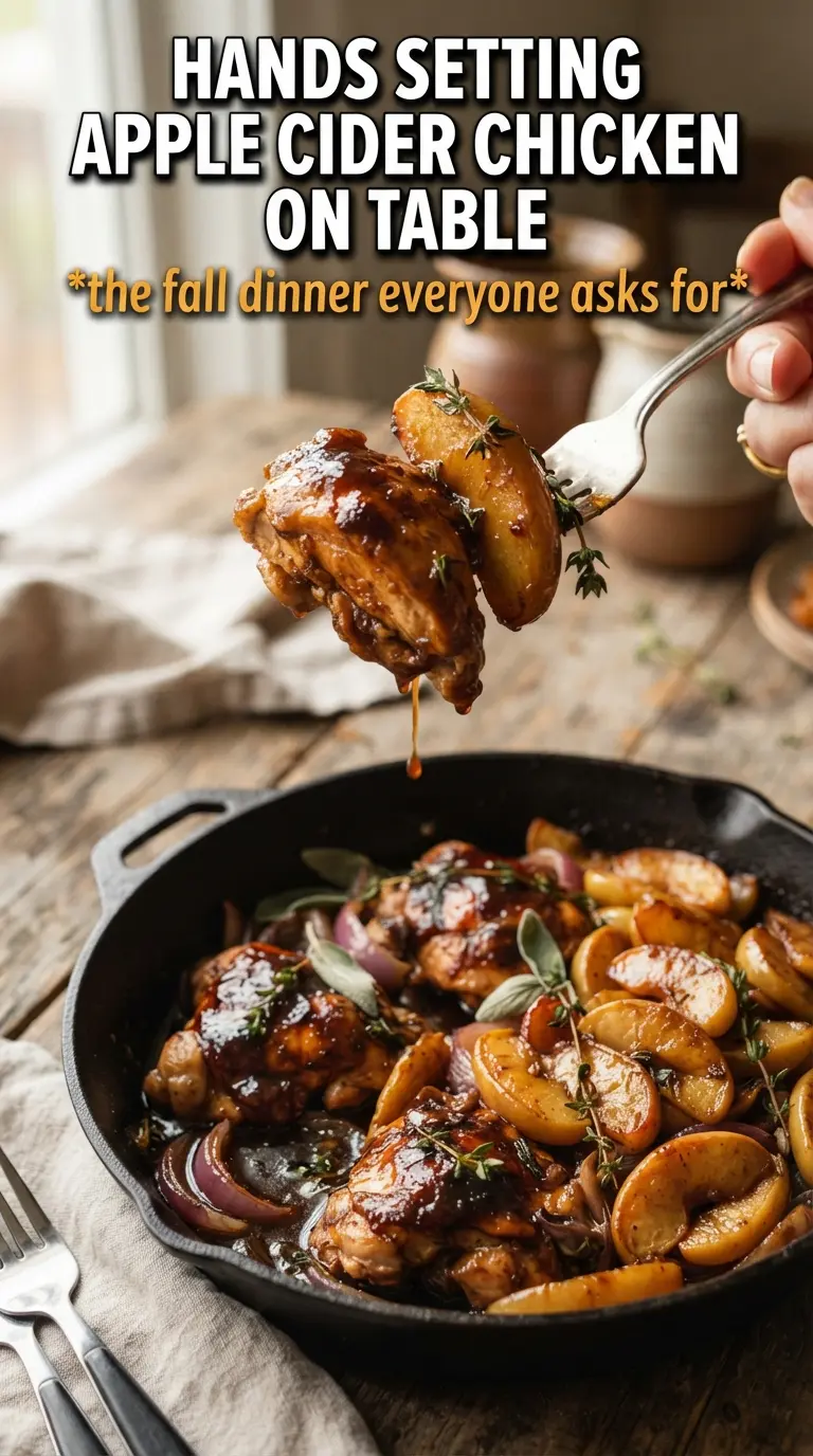 French Apple Cider Chicken, glossy sauce, caramelized apples