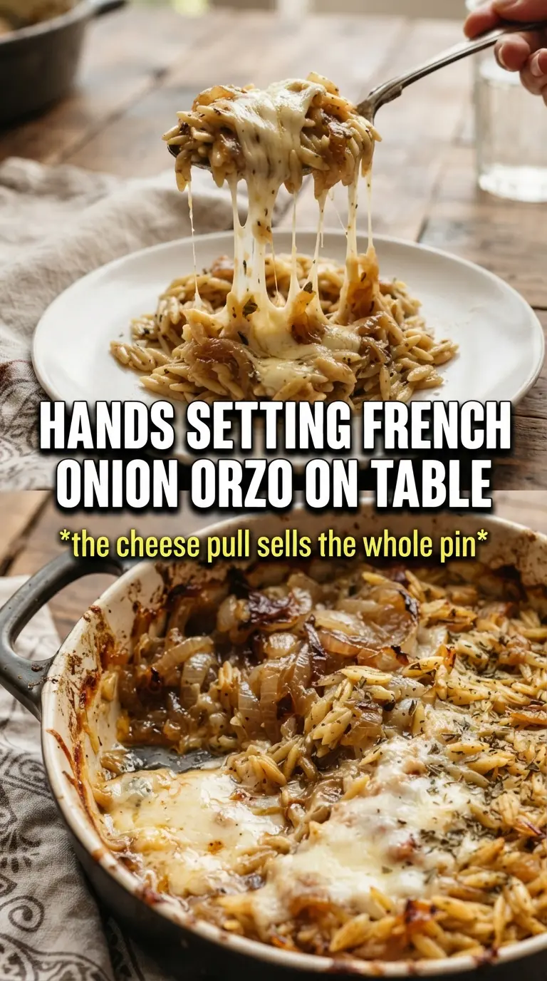 French Onion Chicken Orzo Casserole golden creamy baked
